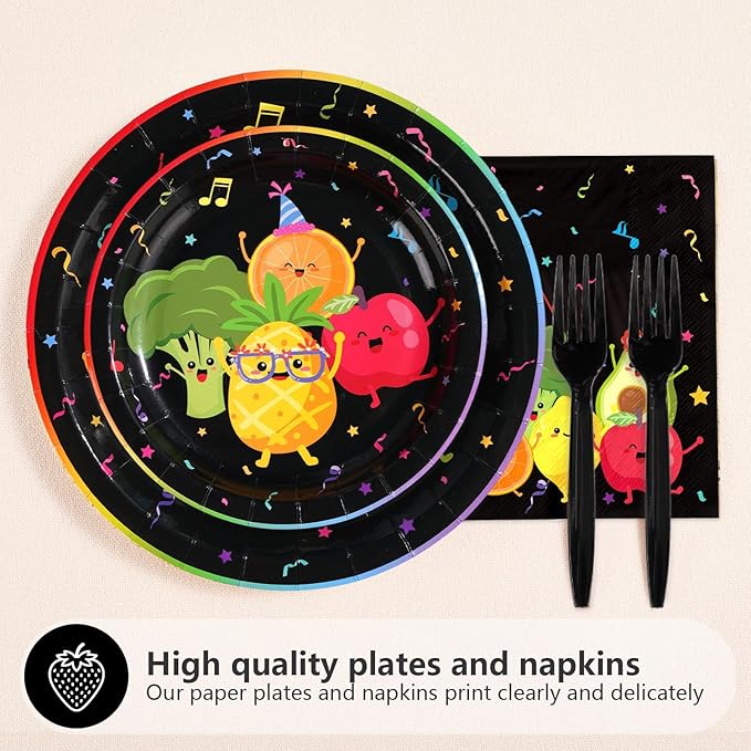 200 Pcs Dancing Fruit Party Decorations Dancing Fruits Plates and Napkins Fruits Themed Paper Dessert Plates for Kids' Birthday Baby Shower Party Supplies Serves 50