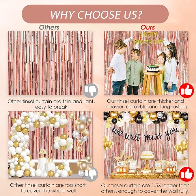3 Pack 3.3 x 9.9 ft Rose Gold Foil Fringe Backdrop Curtain, Streamer Backdrop Curtains, Streamers Birthday Party Decorations, Tinsel Curtain for Parties, Galentines Decor, Photo Booth