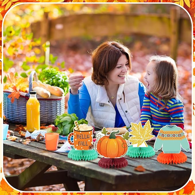 12 Pcs Thanksgiving Party Decoration Thanksgiving Fall Honeycomb Centerpieces Pumpkin Maple Leave Autumn Table Decoration 3D Double Side Truck Sweater Home Table Topper for Office Party Favor Supplies