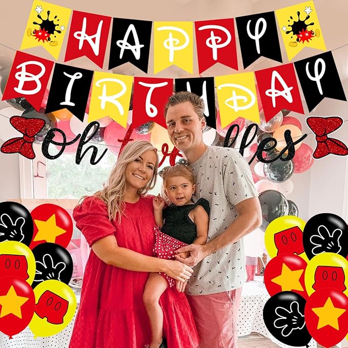 Oh Twodles Banner ,Happy 2nd Birthday Party Decor for Girls Boys - Cartoon Mouse Second 2nd Birthday Theme 2nd Birthday Party Decorations Supplies
