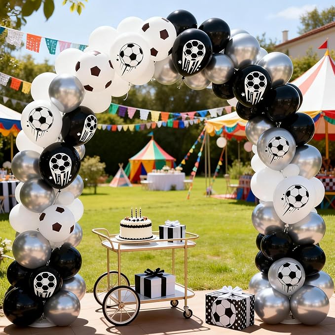 FunHot Soccer Balloons, 50 Pcs Soccer Party Balloon, 12 Inch Black White Silver Football Printed Helium Latex Balloons for Boy Baby Shower Men Birthday Football Sport Themed Game Club Party Decor