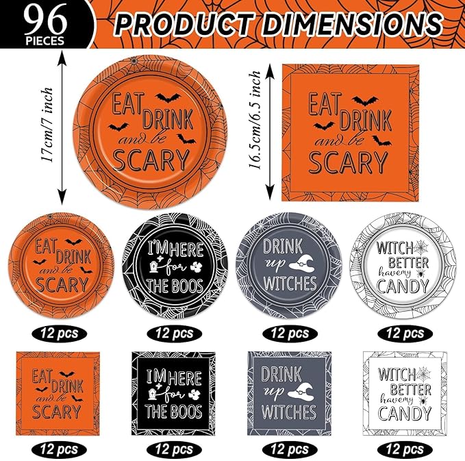 96 Pcs Halloween Party Decorations Halloween Paper Plates and Napkins Halloween Party Supplies Drink up Witches Hat Little Scary Spiderweb Boo Tableware Set for Halloween Disposable Decorations