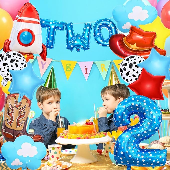 Toy Themed Story Birthday Decoration Balloon Set,Cartoon Style Birthday Rocket,Cowboy Hat,Boots,Clouds,Star Patterns, For kid Party Supply (2nd-Two Infinity and Beyond)