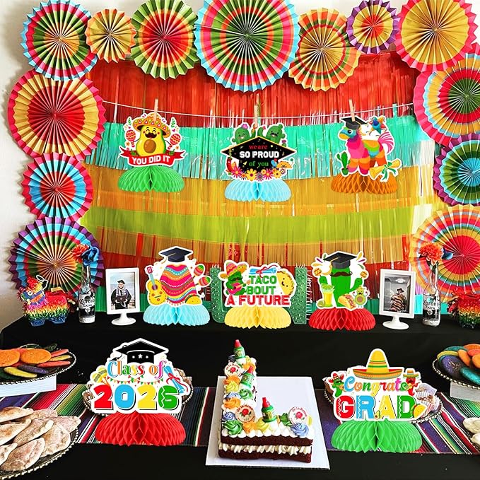 JOYMEMO 8 Pieces Mexican Graduation Honeycomb Centerpieces, Fiesta Graduation Party Decorations 2026, Taco Bout A Future Table Toppers for Congrats Grad Class of 2026 Party Supplies