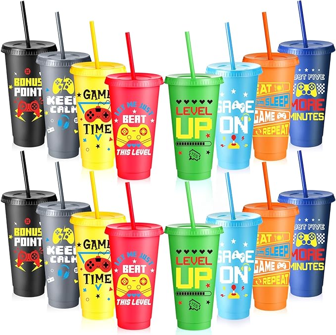 16 Pcs Video Game Plastic Cups Gaming Party Favor with Lids and Straws 24 oz Gamer Reusable Tumbler Water Mug for Fun Video Birthday Party Supplies for Adults (Colorful)