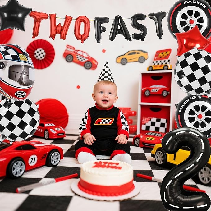 Two Fast Race Car Birthday Balloons Decoration Backdrop Racing Car 2nd Birthday Decoration 2-year old Boys Race Car Themed Bday Party Supplies