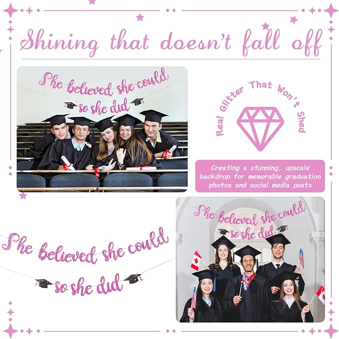 She Believed She Could So She Did Banner - Pre-Strung Glitter Graduation Decorations 2026 for Women Girls, Inspirational Grad Party Supplies, Class of 2026 College High School Masters PhD Decor (Pink )