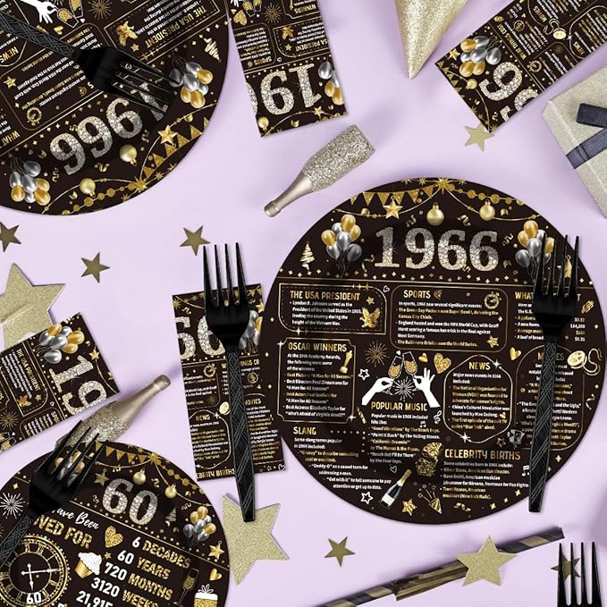 96PCS 60th Birthday Plates and Napkins Party Supplies 60th Birthday Decorations for Women Men 60th Anniversary Decorations Cheers to 60 Years Vintage Tableware Sets Serve 24 Guests