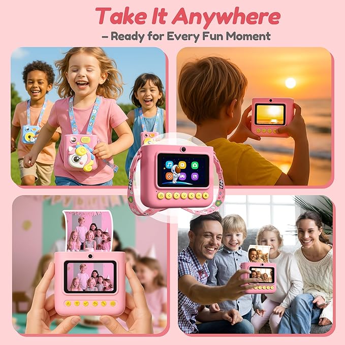 Instant Camera for Kids, Digital Print Camera 48MP 1080P, Color & B&W Printing, 2.4" Display, USB-C Rechargeable, 32GB Card, Christmas & Birthday Gifts for 3-12 Year Old Girls Boys (Pink)