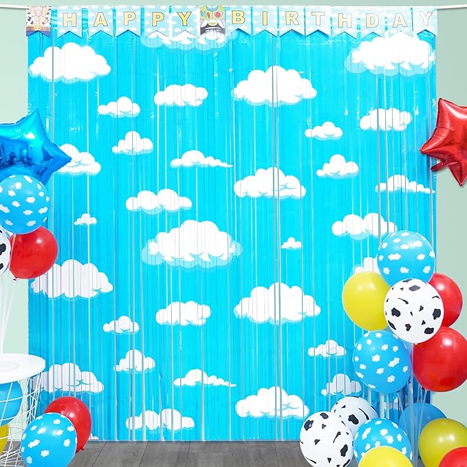 Cartoon Toy Inspired Story Birthday Party Decoration, 2 Pack Story Party Photo Booth Prop, Blue Sky White Cloud Fringe Curtains Tinsel Photo Streamers Backdrop for Cartoon Story Party Supplies