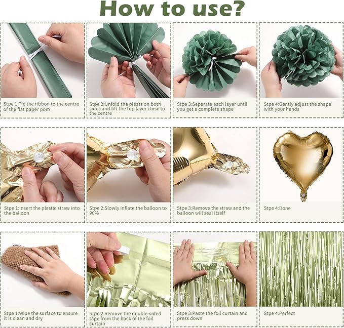 Green Birthday Decorations for Women, Happy Birthday Party Decorations, Happy Birthday Banner, Green Balloons, Foil Fringe Curtains, Tissue Paper Pompoms, Heart Garland, Party Decor for Girls