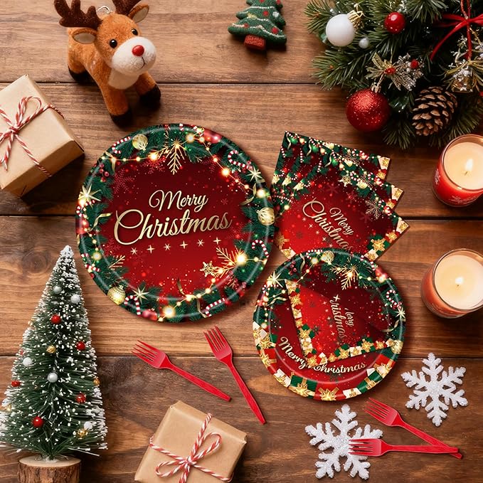 100 Pcs Merry Christmas Party Supplies - Serves 25, Red Green Holiday Disposable Tableware, Includes Paper Plates, Napkins, and Plastic Forks for Xmas Dinner, Winter Celebrations, Seasonal Decorations
