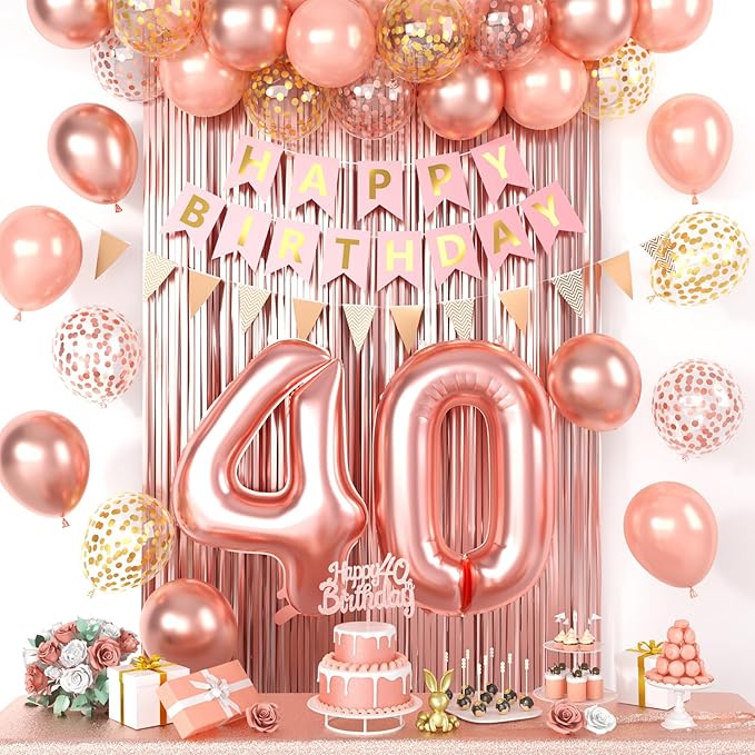 40th Rose Gold Birthday Decorations For Women, Number 40 Balloons Metallic Pearl Gold Rose Confetti Balloons Happy Birthday Banner Fringe Curtain Cake Topper For 40th Party Supplies