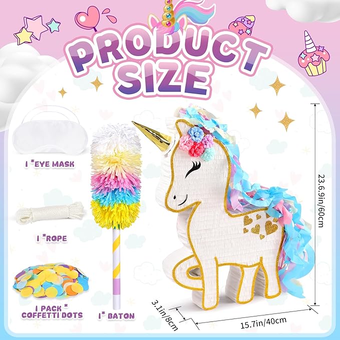 24" Large Rainbow Unicorn Pinata for Birthday Party, Large Magical White Unicorn Party Decorations with Gold Horn, Paper Mache Pinata for Candy Fillers, Pull String/Hit Game for Kids Girls Teens