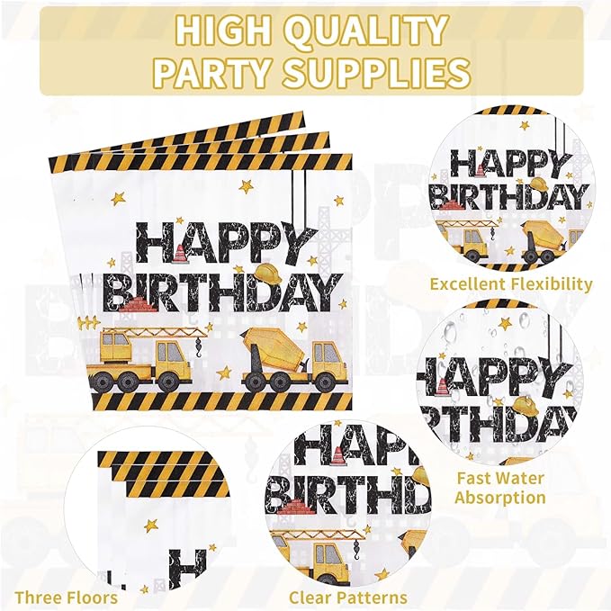96 Pcs Construction 2nd Birthday Party Supplies Construction Truck Plates and Napkins Tableware 350GSM Excavator Birthday Decorations Favors for Boys Tractor Dump Two Years Old, Serves 24