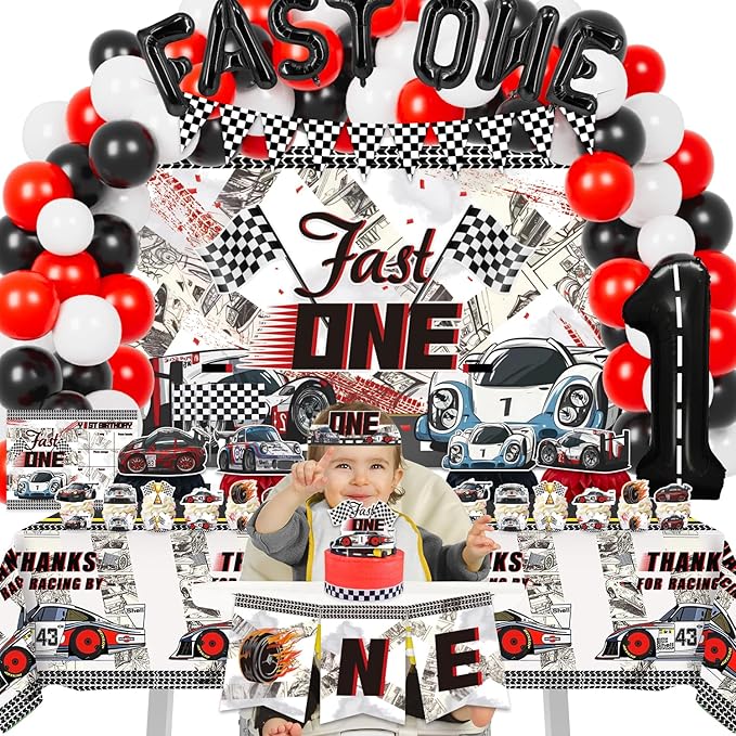 Mpanwen Fast One Birthday Decorations for Boys, 153 Pcs Race Car Birthday Party Supplies - Backdrop, Toppers, Cupcakes Wrappers, Tablecloth, Flags, Centerpiece, Highchair Nanner, Crown and Poster