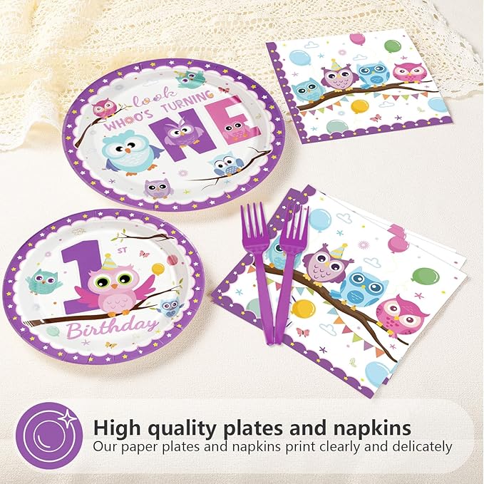 96Pcs Owl 1st Birthday Party Supplies Cute Owl Plates and Napkins Look Whoo's Turning One Tableware Set for One Years Old Boys Girls Animals Theme Birthday Party Decorations Serves 24