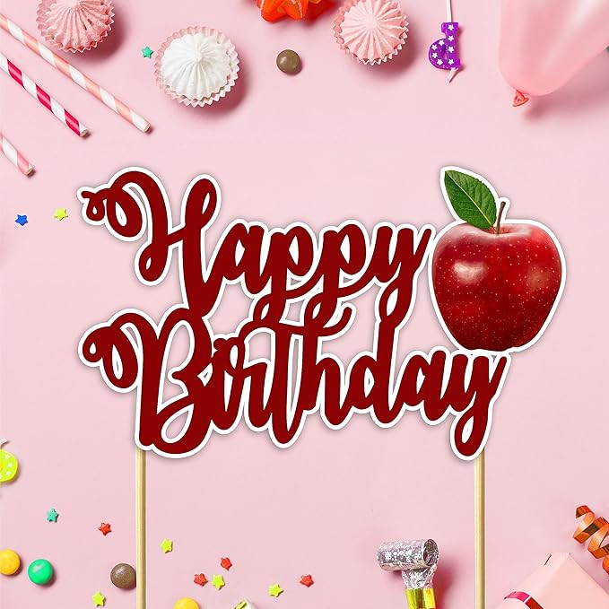 Apple Happy Birthday Cake Topper – Fresh Fruit Theme Cake Decoration for Birthday Celebration, Apple Inspired Dessert Topper for Party Cakes, Table Display Styling, Photo Setup, and Colorful