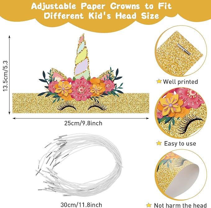 24 Pcs Unicorn Birthday Party Hats Paper Party Crown Unicorn Headbands for Boys Girls, Princess Dress up Theme Decorations Birthday Favors Supplies Headbands