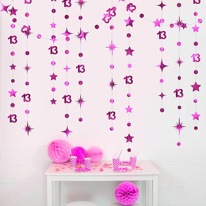Hot Pink 13th Birthday Decorations Number 13 Circle Dot Twinkle Star Garland Hanging Streamer Banner Backdrop Girls 13 Year Old Birthday Thirteen Official Teenager 13th Anniversary Party Supplies
