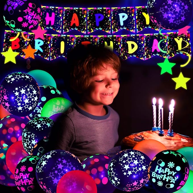 Jetec 71 Pcs Neon Birthday Party Supplies Decorations Include Clear Glow in the Dark Balloons, UV Neon Balloons, Star Hanging Swirls, Happy Birthday Banner Festival Accessory Glow Party Supplies
