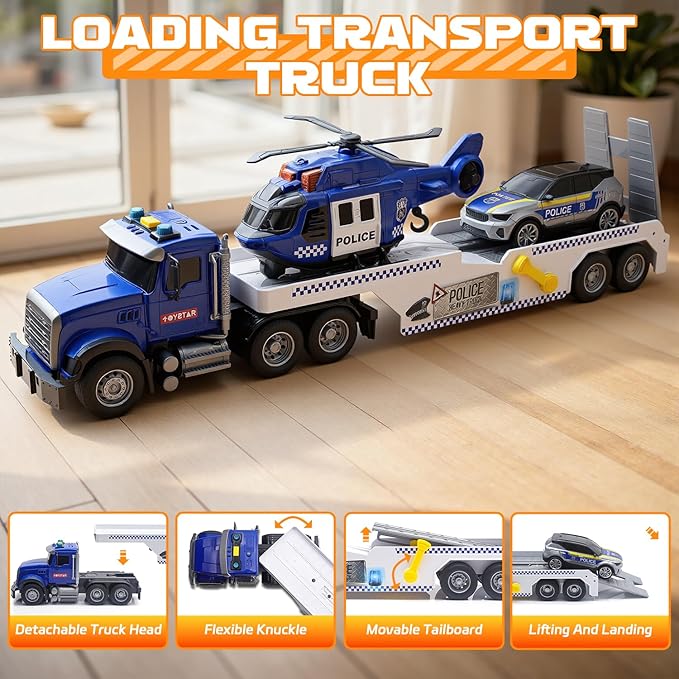 21" Semi Police Truck Toy with Helicopter & Racing Car,Toddler Boy Toys for 3 4 5 6 Years Kids,Friction Powered Truck Vehicle with Lights & Sounds for Boys Girls Christmas Birthday Gifts