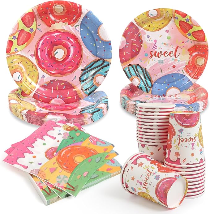 96Pcs Sweet One Birthday Party Decorations Donut Dessert Paper Plates and Napkins Cups Disposable for Girl Boy Donut First Birthday Decorations, Serve 24