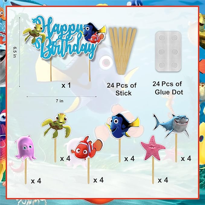 "Findng Nmo Theme Birthday Party Supplies – Under the Sea Decorations for Boys Girls – Includes Birthday Banner, Cake Topper, Cupcake Toppers, Garland & Ocean Party Décor Set"