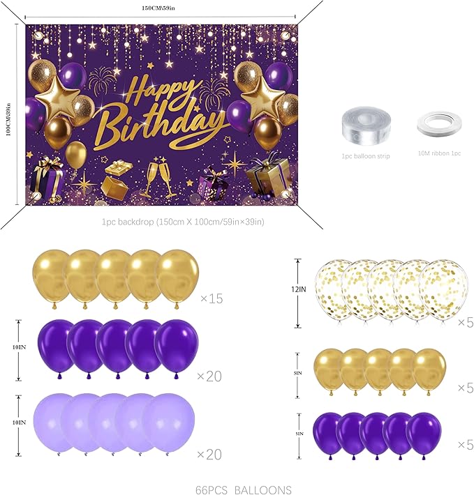 Purple and Gold Birthday Decorations for Women,Party Supplies with Happy Birthday Backdrop,Balloon Garland Arch Kit For Girls