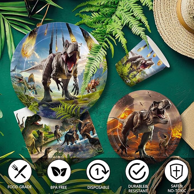 168pcs Dinosaur Party Supplies Dino Plates Napkins Disposable Tableware Set Paper Cups Green Forks Dinosaur Birthday Party Decorations for Boys Kids Birthday Decor Severs 24