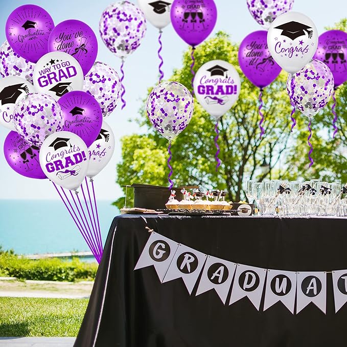 Whaline 60Pcs Graduation Party Balloon Set 7 Designs Confetti Latex Balloon with 2 Rolls Purple Ribbon Grad Cap Congrats Grad Balloon for Graduation Party Decoration Supplies (Purple, White)