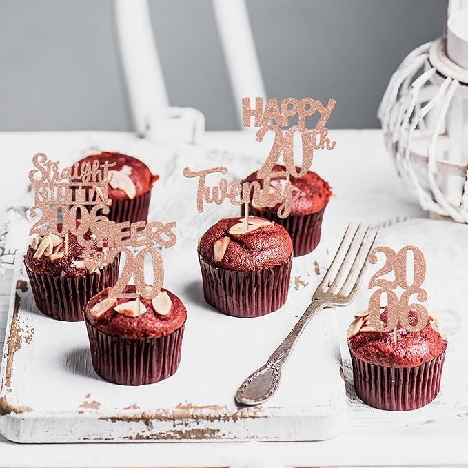 30PCS 20th Birthday Cupcake Toppers Glitter Twenty Happy 20th Straight Outta 2005 Cupcake Picks for Cheers to 20 Years Birthday Wedding Anniversary Party Cake Decorations Supplies Rose Gold