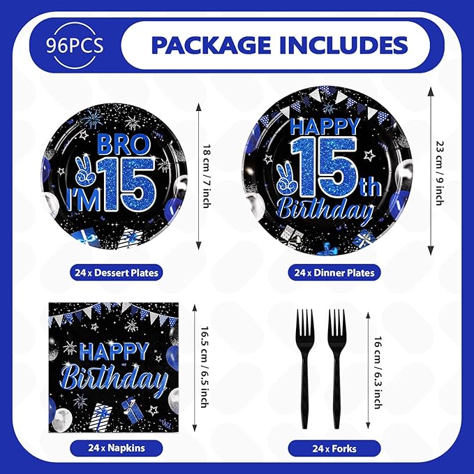 Grencian 96Pcs 15th Birthday Party Decorations for Boys Blue and Black 15th Birthday Plates Disposable Official Teen 15 Tableware for Teen Boy I’m 15 Bro 15 Years Old Halloween Party Serves 24
