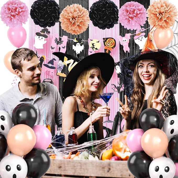 Pink Halloween Party Decorations Set,Include HAPPY HALLOWEEN Banner,Foil Balloons,Cute Hanging Swirl,Fringe Curtain,Paper Pompoms Indoor Outdoor Halloween Party Supplies