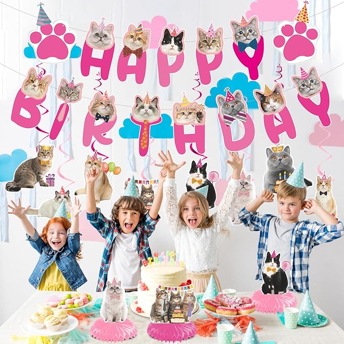 Cat Birthday Party Hanging Swirls - NOVBAUB 20PCS Lovely Pink Cat Birthday Party Supplies Honeycomb Centerpieces Cute Cat Theme Birthday Party Decorations for Cats Kids Teens Adults
