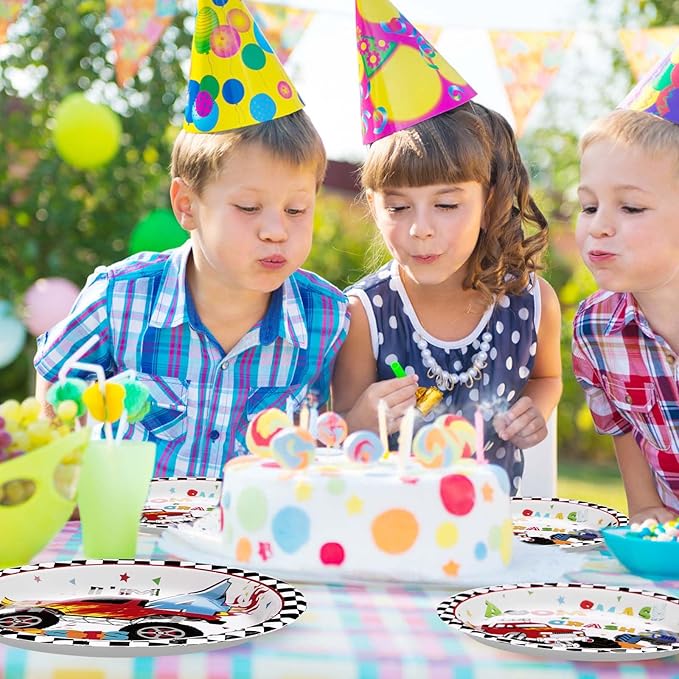 96 Pcs Monster Theme Truck 4th Birthday Party Supplies Monster Theme Truck Plates and Napkins Checkered Tableware Set Monster Birthday Decorations for 4th Kids Boys Monster Theme Truck Party Serves 24