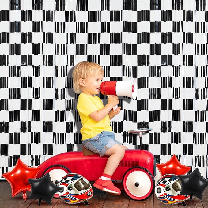 2 Pack Race Car Checkered Streamers Backdrops Birthday Party Decorations Black and White Checkered Foil Fringe Curtains Photo Booth Props for Racing Cars One Happy Dude Party Decorations