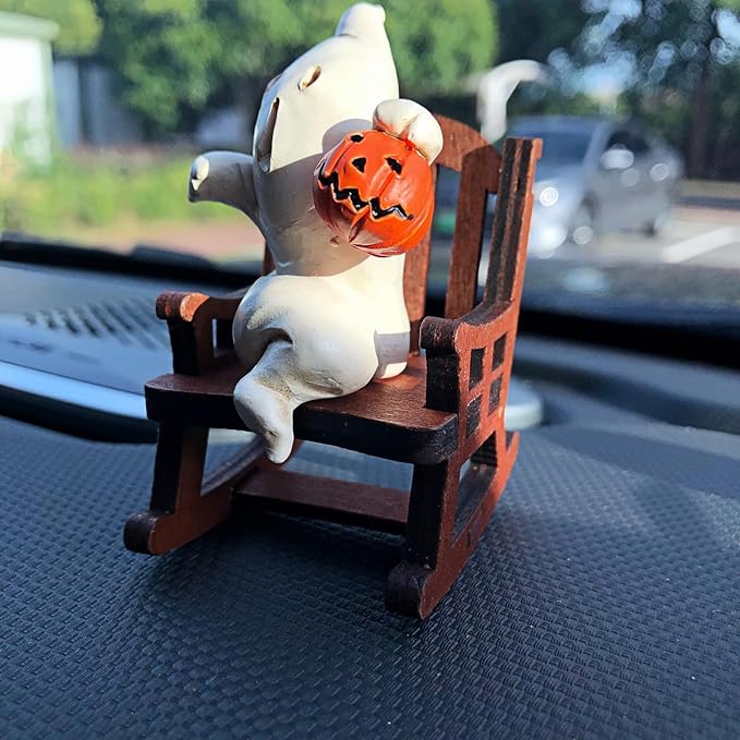 Funny White Pumpkin Ghost on Rocking Chair Statues Figures Ornaments for Car Dashboard Decorations Accessories Interior Dash Board Charms Birthday Cake Toppers Decoration Desk Decor