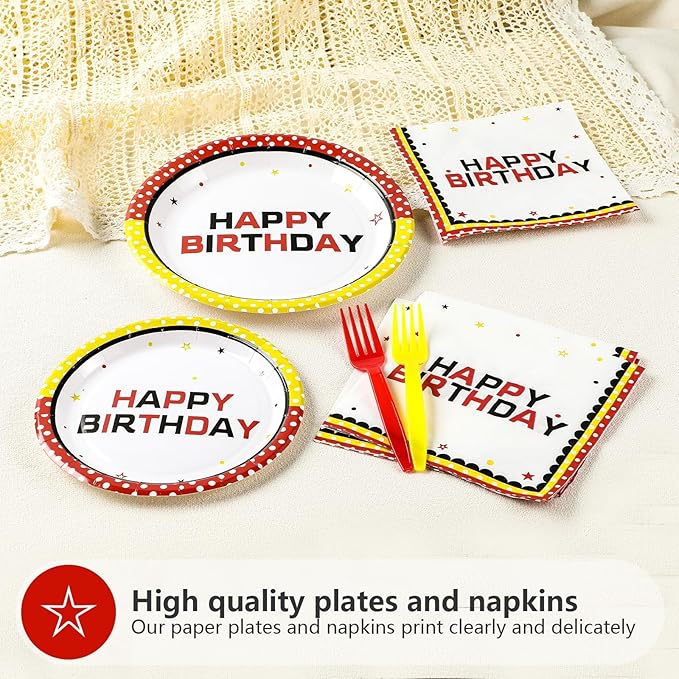 96Pcs Cartoon Mouse Birthday Decorations Mouse Theme Plates and Napkins Red Yellow White Polka Dot Decorations Favors for Kids Birthday Baby Shower Cartoon Theme Party Supplies Serves 24