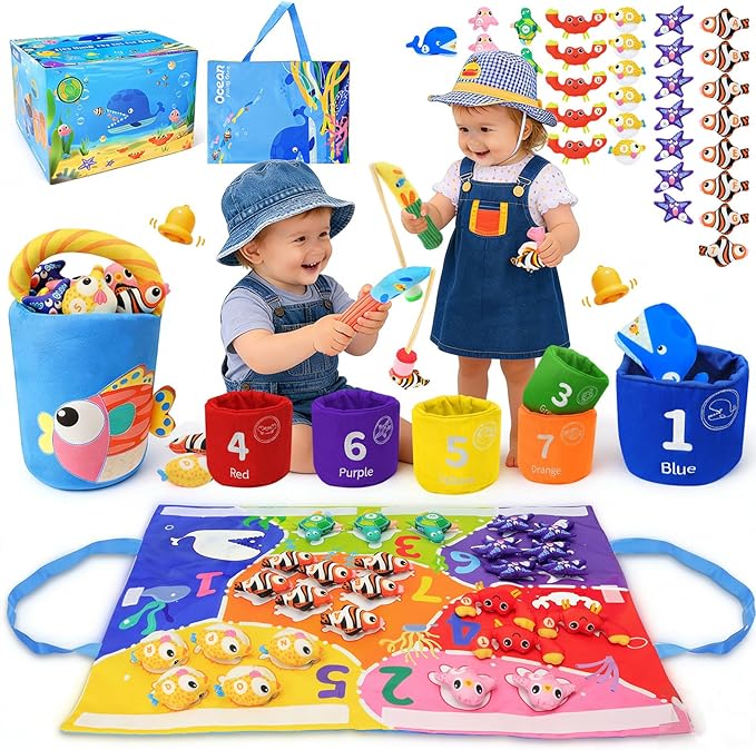 Montessori Toys for 1 Year Old, 40PCS Upgrade Fishing Game Toys for Toddlers 1-3, Educational Baby Toy for Color Sorting, Number & Alphabet Learning, Birthday Gifts for Baby Boy Girl Age 1 2 3