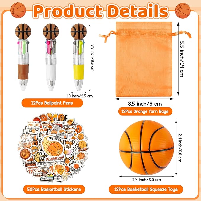 CY2SIDE 12 Pack Basketball Squeeze Toy Party Favor Gift Set with Ballpoint Pen Sticker and Organza Bag 2.5’’ Basketball Foam Stress Ball Classroom Prize for Kid Sport Lover Birthday Goodie Bag Stuffer
