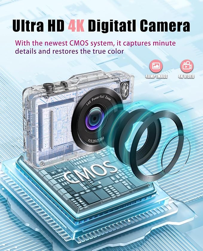 Kids Digital Camera,4800MP Selfie Camera,4K 1080P HD Video,with16X Zoom Anti Shake,Kids Chritmas Birthday Festival Gift - 32G SD Card