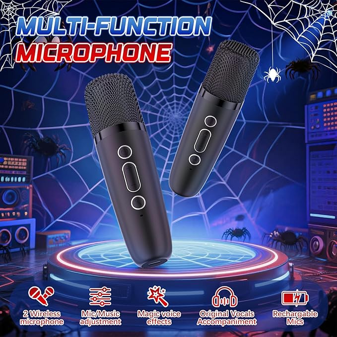 Spider Mini Karaoke Machine for Kids - TOP Karaoke Toys for 3 4 5 6 7 8 9 10 11 12+ Year Old Boys Girls, Portable Bluetooth Speaker with 2 Wireless Microphones, Kids Christmas Birthday Party Gifts(BK)