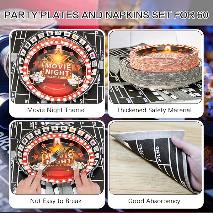 180Pcs Movie Night Party Supplies Paper Plates and Napkins Serve 60 Disposable Tableware Set for Birthday Party Decorations Game Day Family Holiday Sports Events