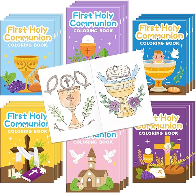 First Holy Communion Coloring Books for Kids - 24Pcs Bulk First Holy Communion Mini Coloring Booklet DIY Art Drawing Book for Toddlers Holiday Party Goodie Bags Stuffers Sunday School Classroom Favors