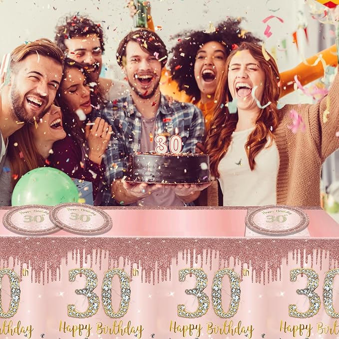 30th Birthday Decorations for Women 30th Birthday Party Supplies Include Rose Gold birthday Plates and Napkins Tablecloth 30th Birthday Supplies Tableware for Women