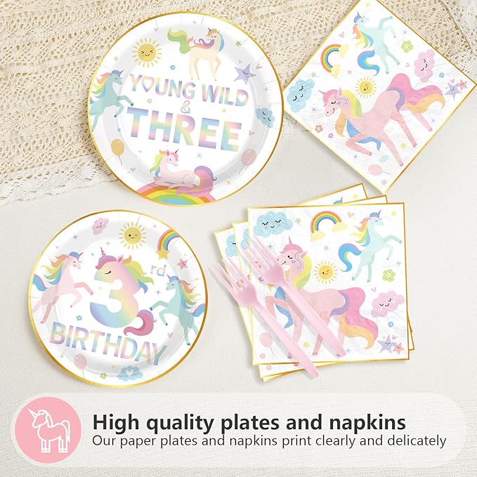 96 Pcs Magical Pastel Unicorn 3rd Birthday Party Supplies Young Wild and Three Plates and Napkins Disposable Rainbow Unicorn Tableware Set for Girls 3 Years Old Birthday Party Decorations Serves 24