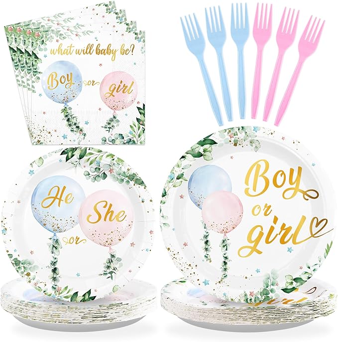 Grencian 96 Pcs Baby Gender Reveal Party Supplies Balloon Baby Shower Plates and Napkins Tableware Set He or She Gender Reveal Party Decorations for Boy or Girl Birthday Baby Shower Party Serves 24