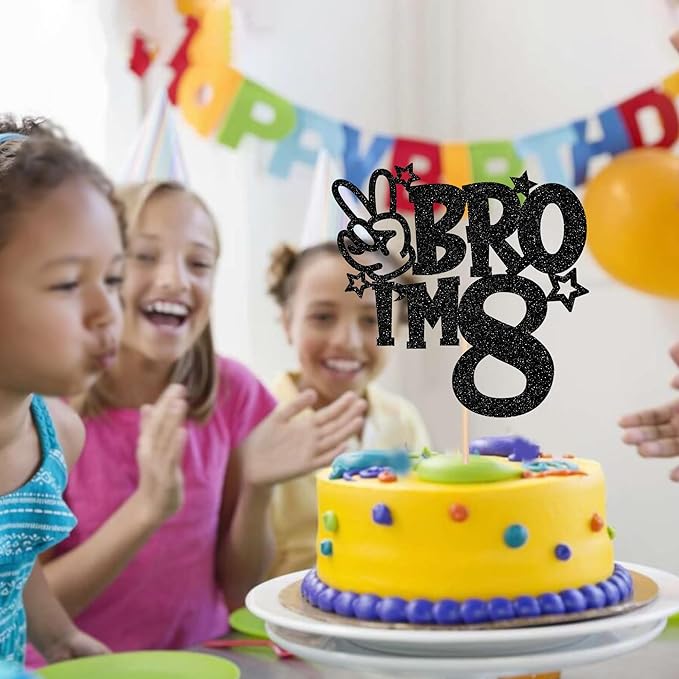 1 PCS Brother I'm 8 Cake Topper Glitter Star Happy 8th Birthday Cake Pick Bro I'm 8 Cake Decoration It's My 8th Birthday Decorations for Boys Cheers to 8 Years Old Birthday Party Supplies Black