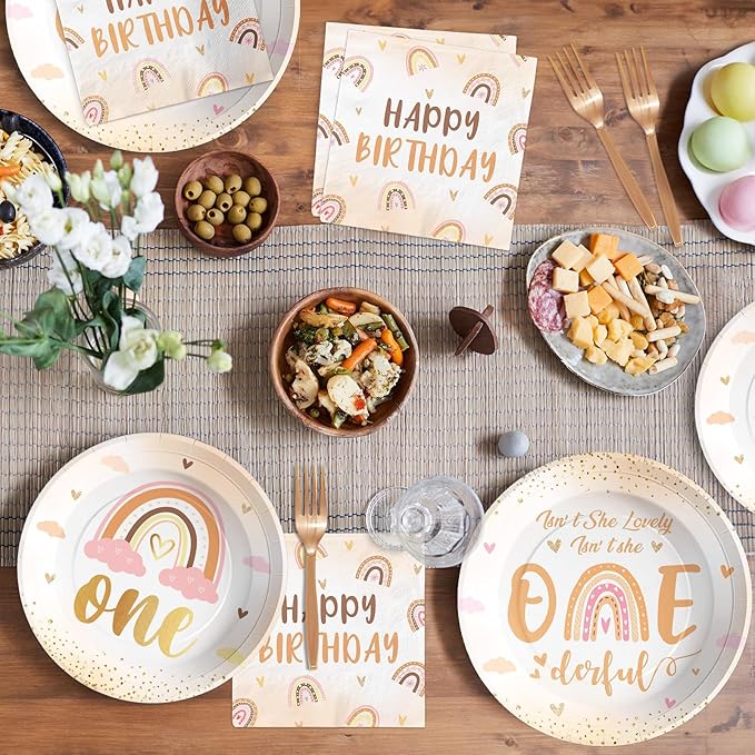 96Pcs Boho Rainbow 1st Birthday Decorations Isn't She Onederful Plates and Napkins Tableware Set Boho First Birthday Party Supplies for Onederful 1st Birthday Girl One Year Old Birthday Decor Serves24